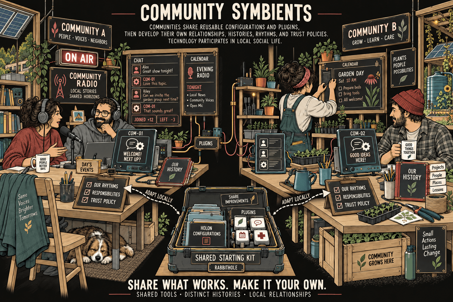 Two communities adapt shared tools to their own histories, rhythms, and relationships.