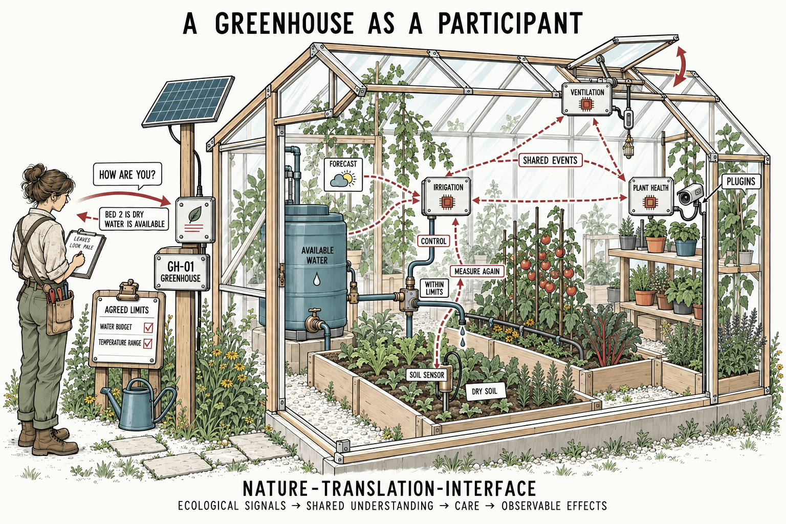 Irrigation, ventilation, and plant-health holons coordinate care within agreed greenhouse limits.