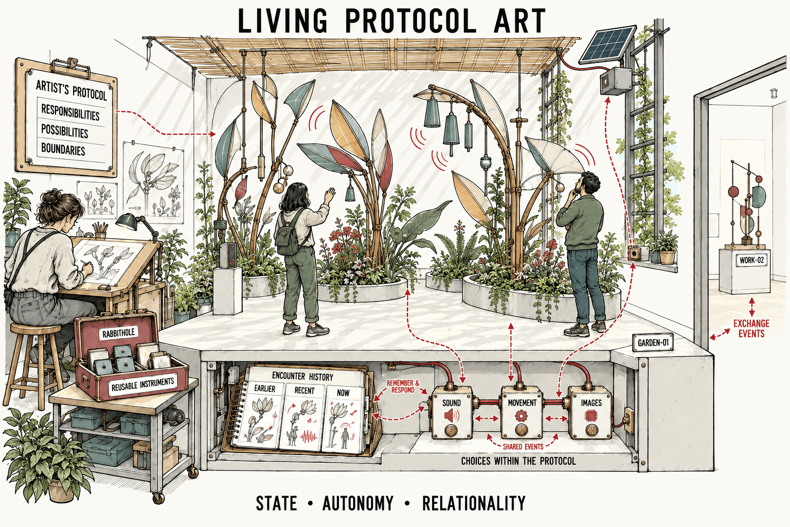 An interactive mechanical garden connects sound, movement, images, and encounter history.
