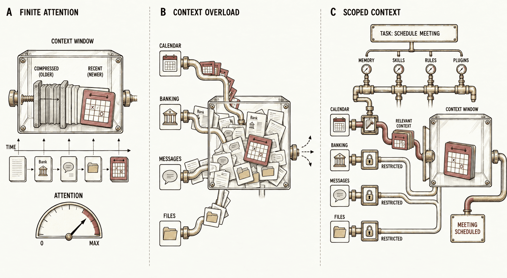 Finite attention, context overload, and scoped access to relevant information.