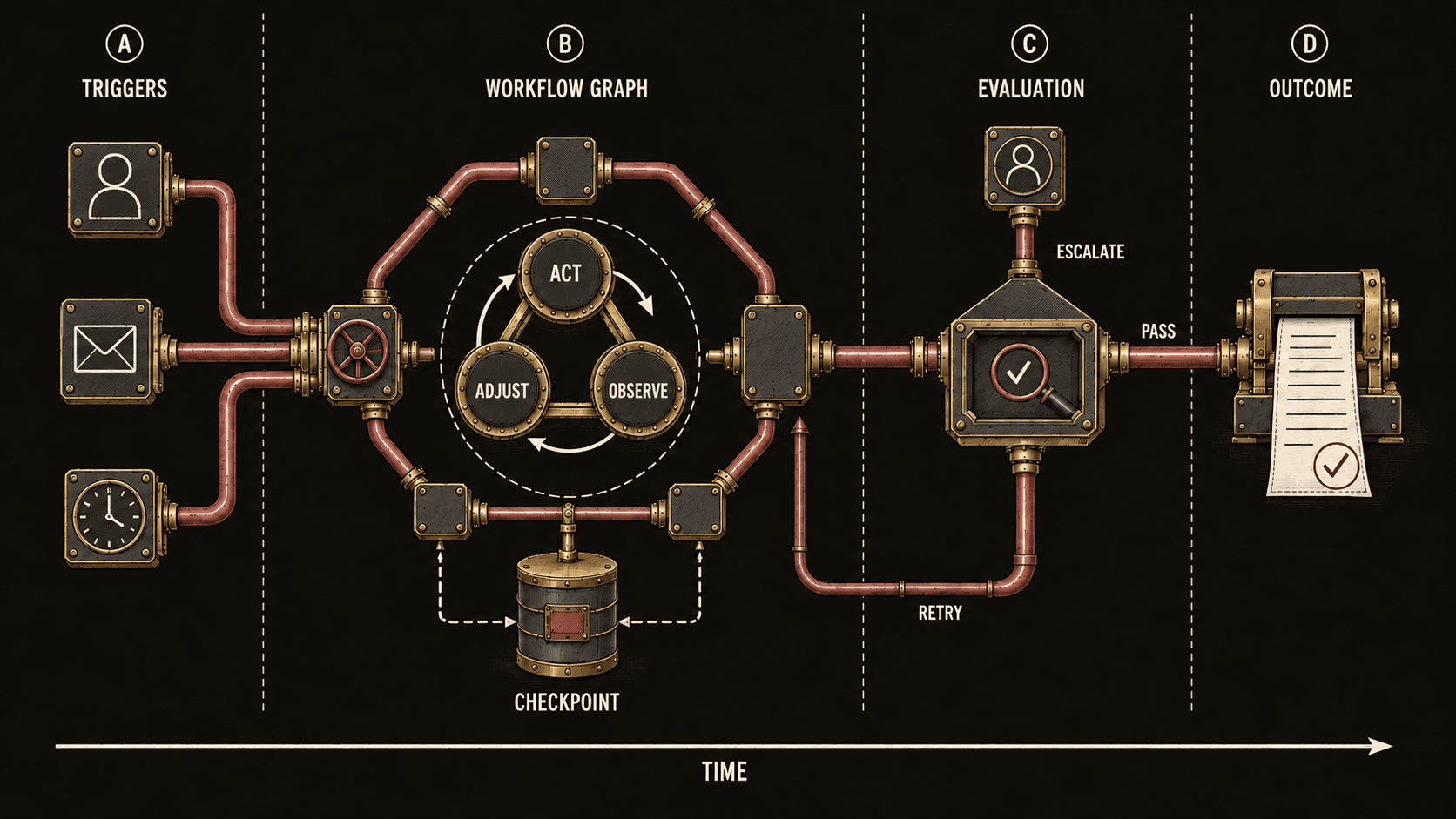Triggers activate a workflow with checkpoints, evaluation, retries, and an outcome.