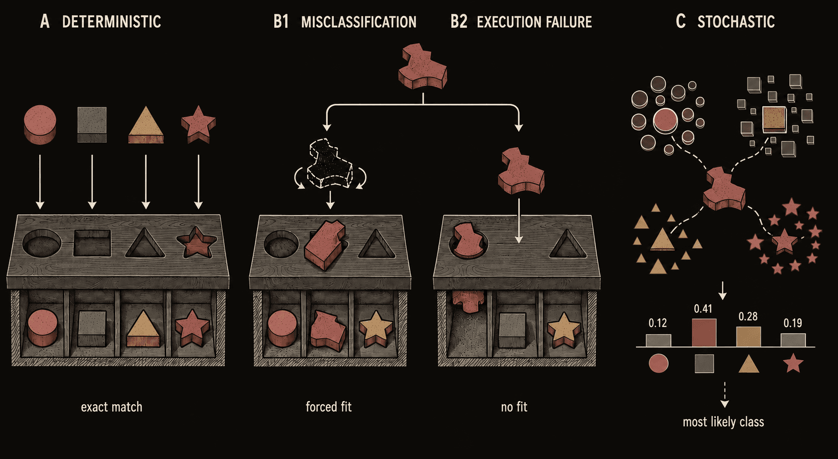 Deterministic shape matching, misclassification, execution failure, and stochastic classification.